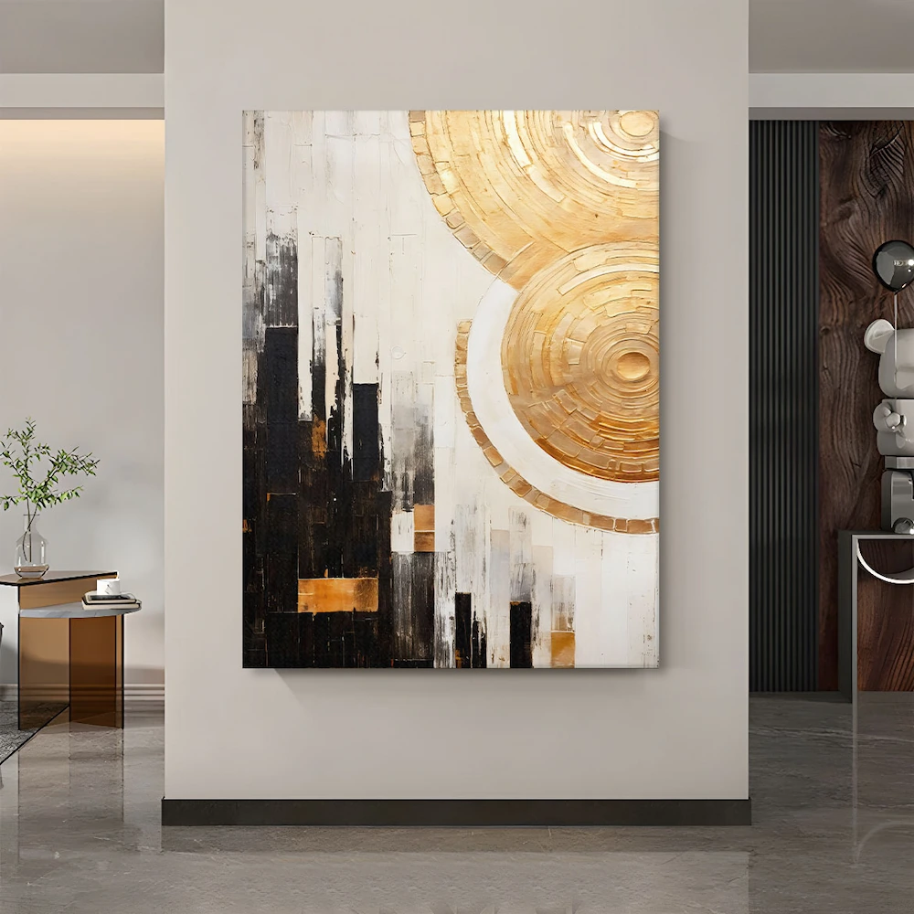 Peinture abstraite avec des cercles dorés et noirs – Image 2