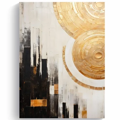 Peinture abstraite avec des cercles dorés et noirs